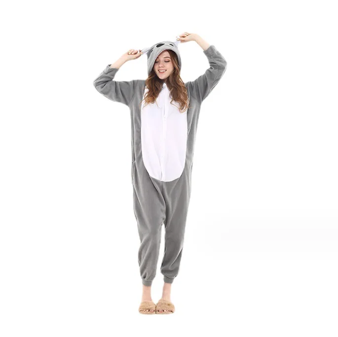 Cartoon one-piece polar fleece pajamas wholesale animal leisure grey Koala one-piece robe couples Animal onesies