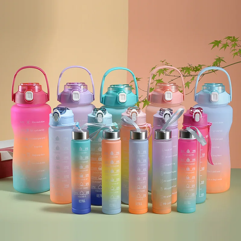 Plastic Running Drinks Water Bottles Set 3 Pcs Motivational Hiking Water Bottle With Straw Lid