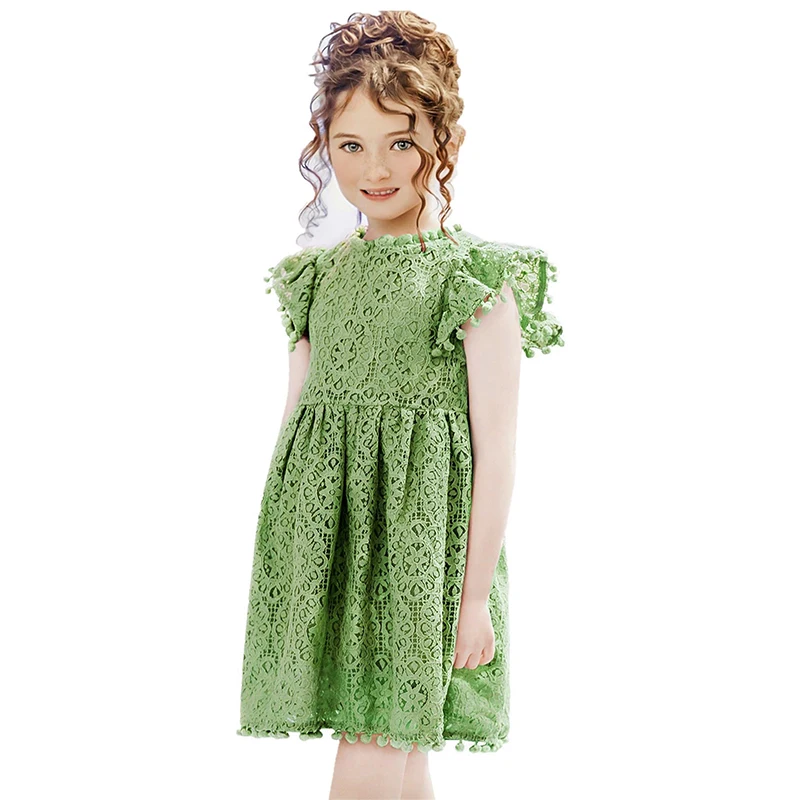 Dusty Color Kids Frocks Malaysia Kids Girls Cotton Pick Lace Long Summer Wedding Dresses Pom Pom O-Neck Party Style Age Children