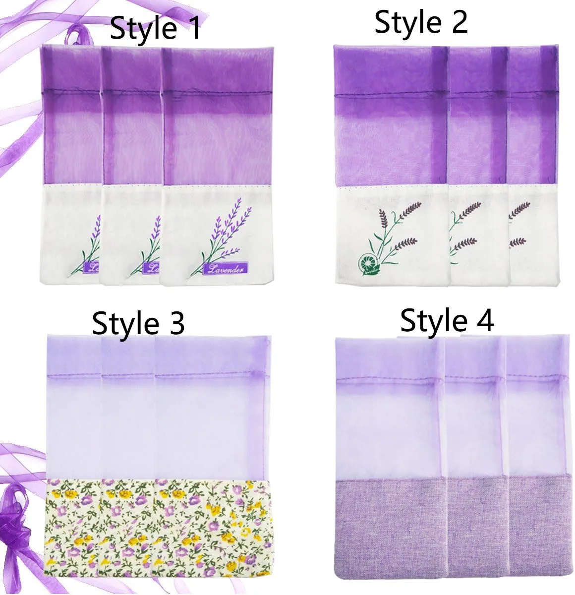 Sheer Gauze Ribbon Jewelry Candy Holders Organza Lavender Sachet Bags Lavender Empty Cotton Organza Gifts Bags With Floral Print