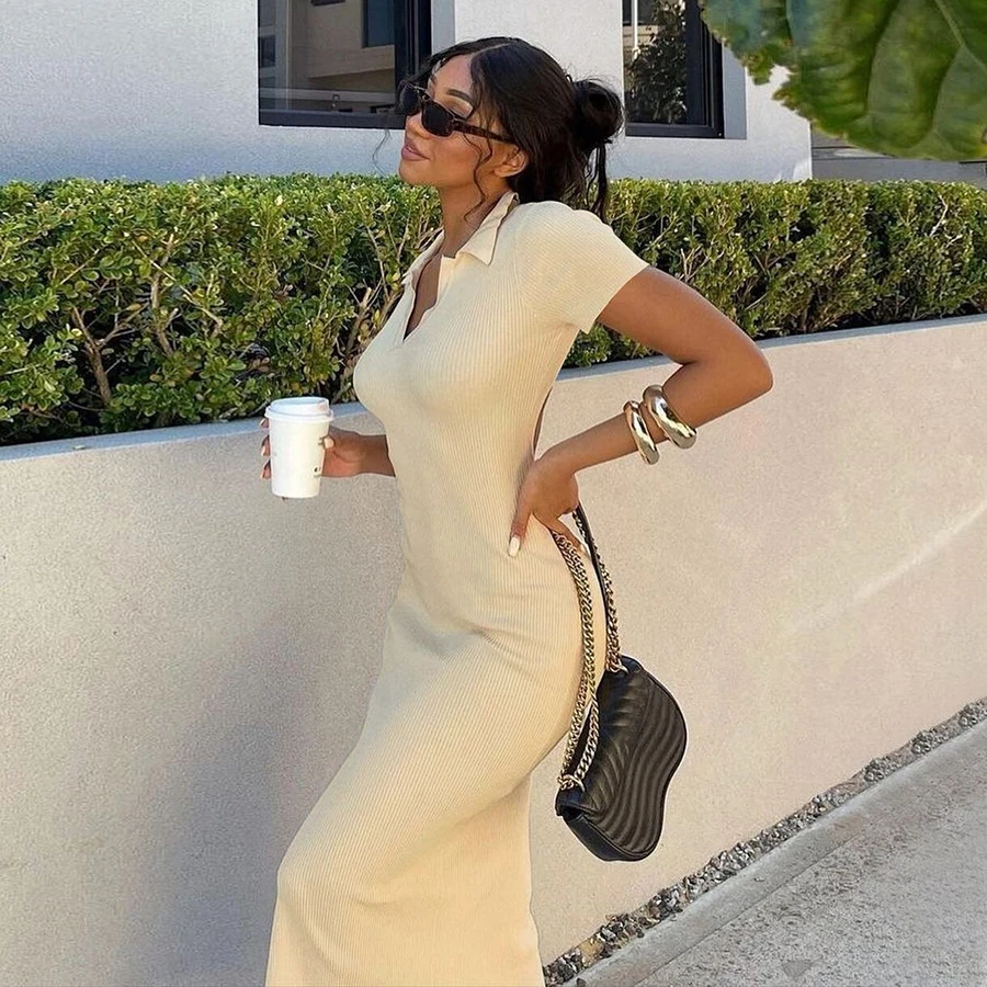 Nibber K21D02583 Plain Backless Short Sleeve Knitting Maxi Long Dress Casual Bodycon Dress Women