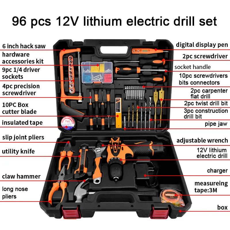 Solude 96PCS Cordless Tools Set Combo 12v Professional Box Rechargeable Heavy Duty Full Set Household Tool Box