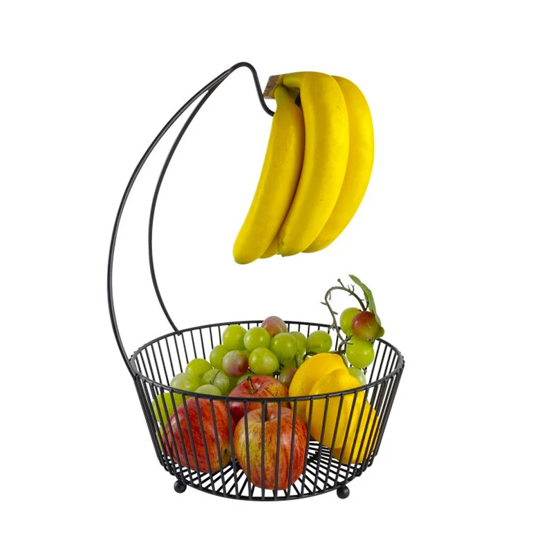 Farmhouse Style Kitchen Counter Black Metal Wire Fruit Basket with Banana or Grape Hanging Hook
