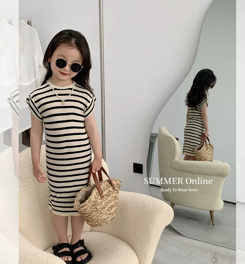 Summer Fashion Baby Girls Dress Kids Striped Knitted Short Sleeve Slim Dress Children Korean Style Princess Dresses