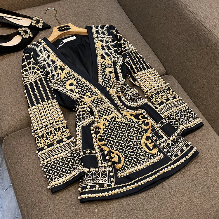 Fine Workmanship Luxury Beads Women Coat Retro Printed V-neckline Hidden Snap Ladys Fall Winter Blazer