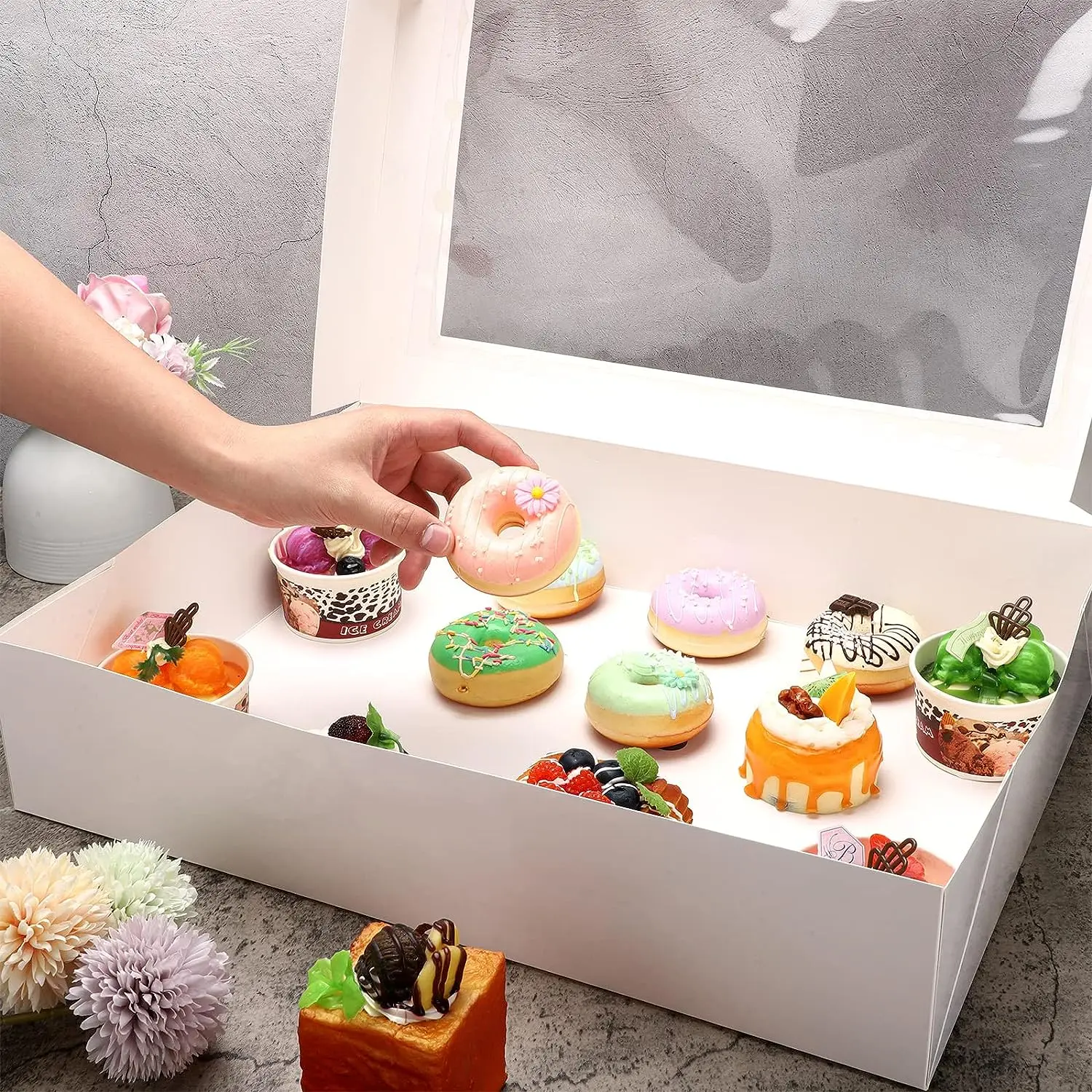 White Cookie Boxes Auto-Popup Treat Boxes Pies Muffins Donuts Pastries Bakery Boxes With Window