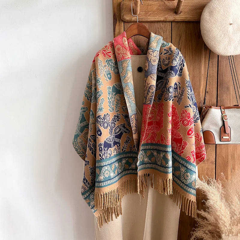 Factory New Winter Women Horse Poncho Shawl Tassel Casual Lady Ethnic Scarf Cashmere Ethnic Style Cloak Shawl