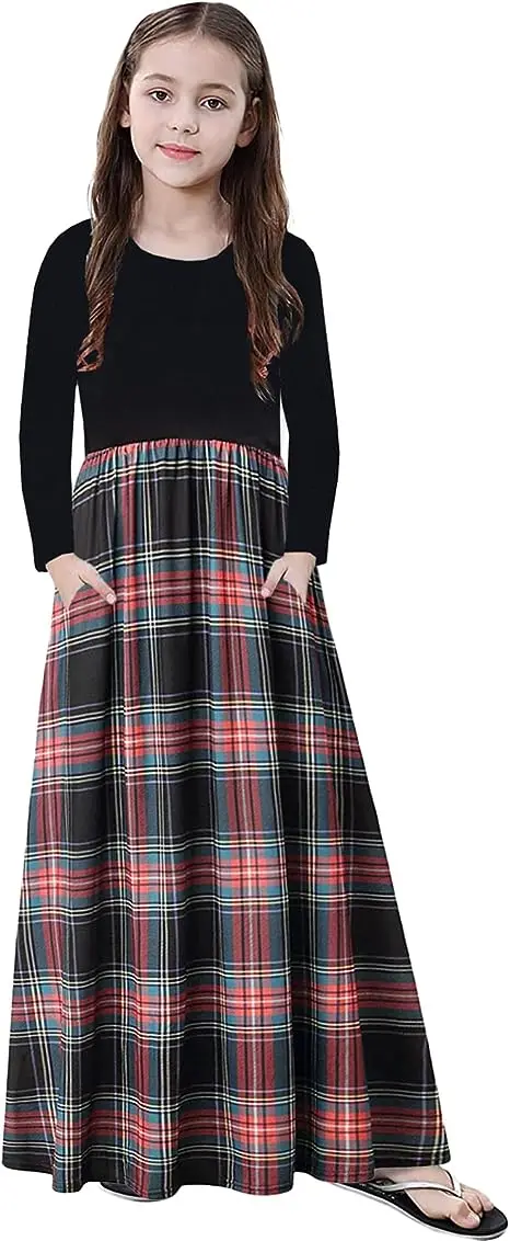 Girl Maxi Dress Kids Casual Buffalo Check Plaid Long Sleeve Dress With Pocket