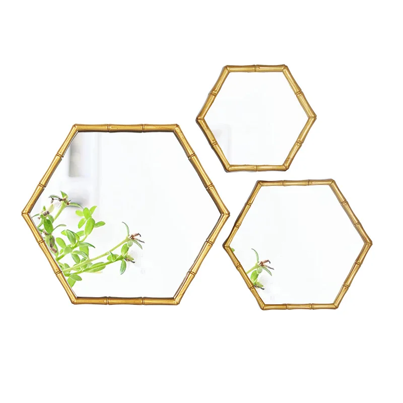New Hexagon Retro Bamboo Creative DIY Three-piece Combination Living Room Decoration Wall  Mirror