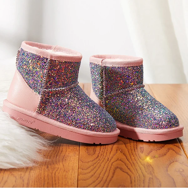 
wholesale winter children bling paillette boa shoes girls little kids shiny mid-calf snow boots 