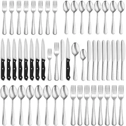 Amazon Hot Selling 48pcs Silverware Set with Steak Knives for 8 Food-Grade Stainless Steel Flatware Dishwasher Safe Cutlery Set