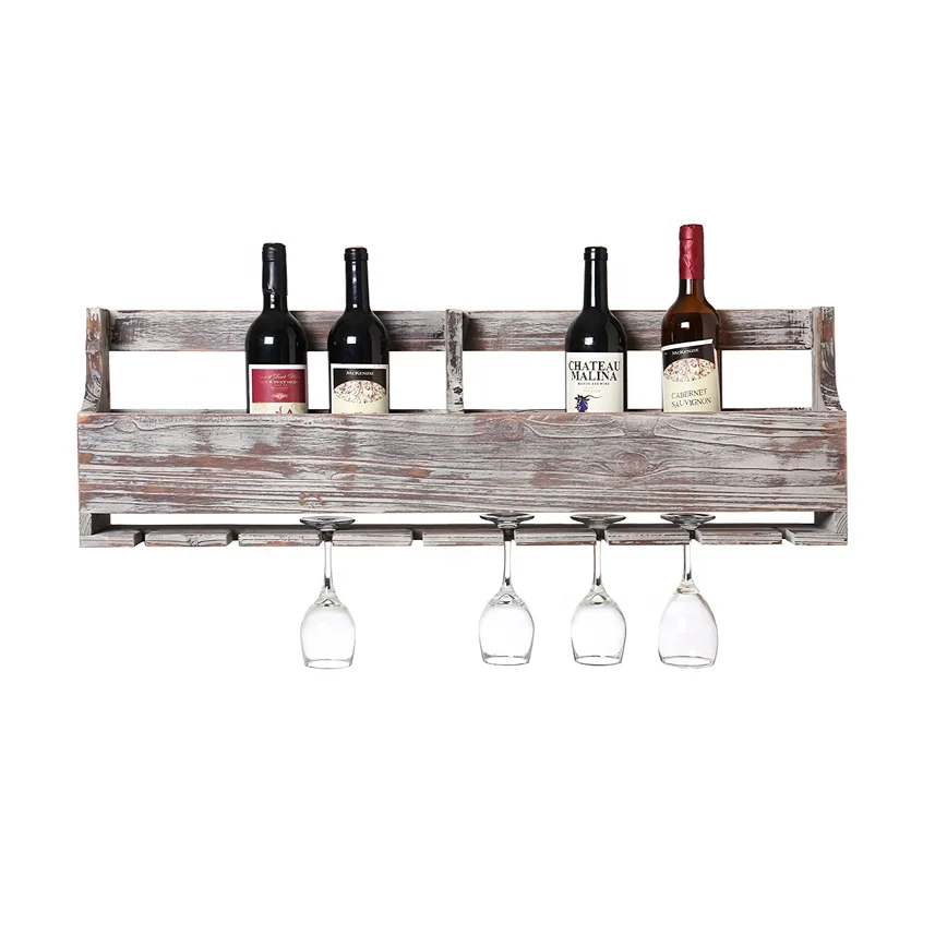 Floating Wall Mounted pine solid wood indoor restaurant kitchen wooden wine display shelf for glass cup wine