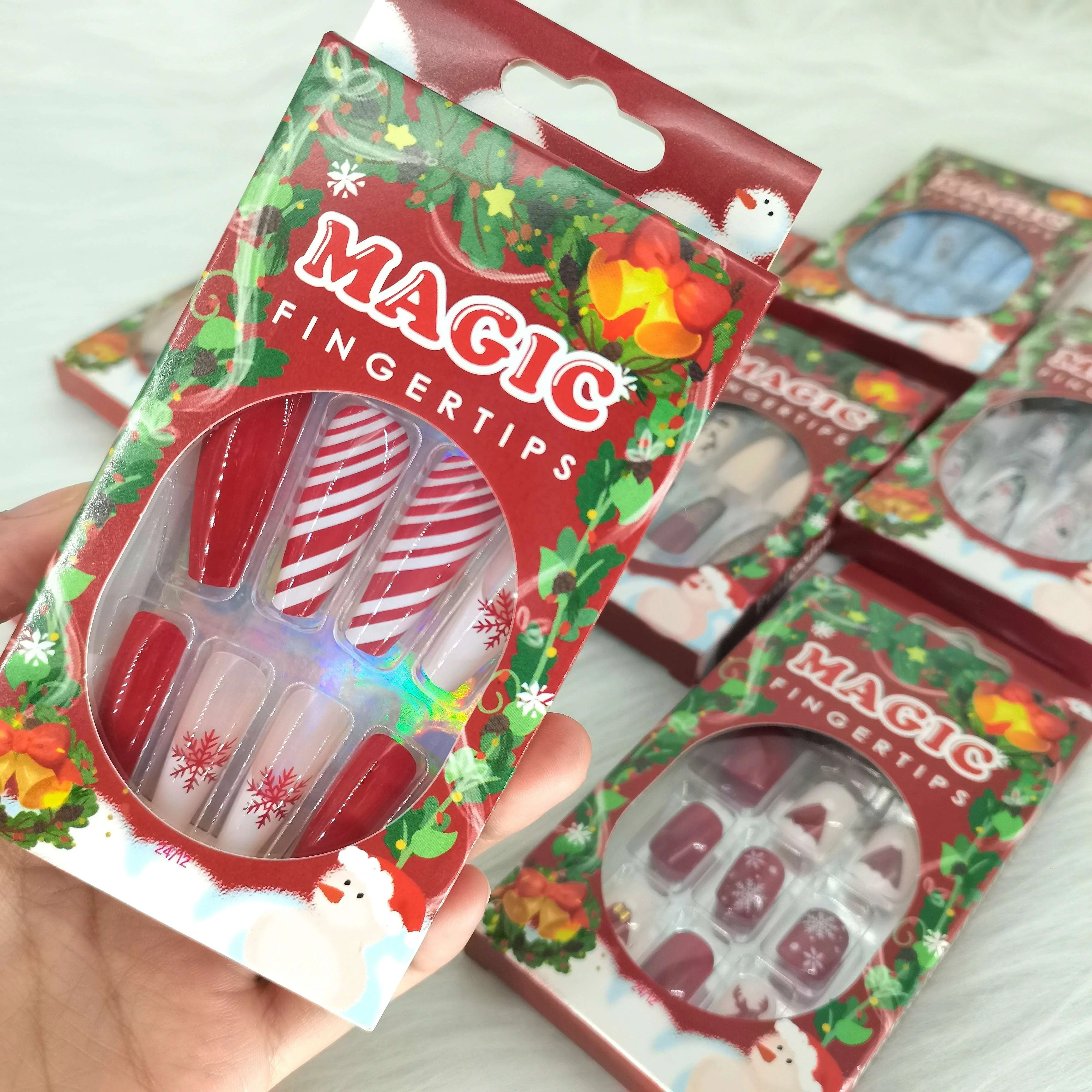 2022 Hot Sale Artificial Fingernails Customized Logo Packaging Long Coffin Almond  Christmas Design Press On Nails Tips