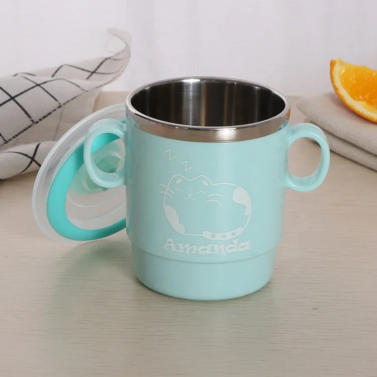 
Kids Popular Cute Stainless Steel plastic water bottle cup with two Handles and airtight lids for children training cup 