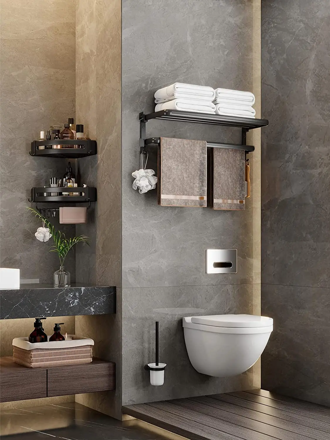 Towel Racks for Bathroom, Black Towel Bar for Bathroom with Double Shelf, Bathroom Towel Rack Wall Mounted 2 Tier