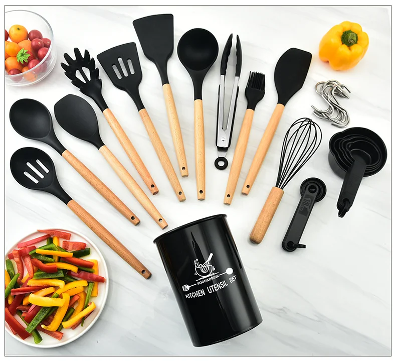 Оптовая продажа хорошее качество 34 шт. кулинарные инструменты кухонная утварь силиконовая антипригарная набор лопаток деревянная ручка с держателем для ложек