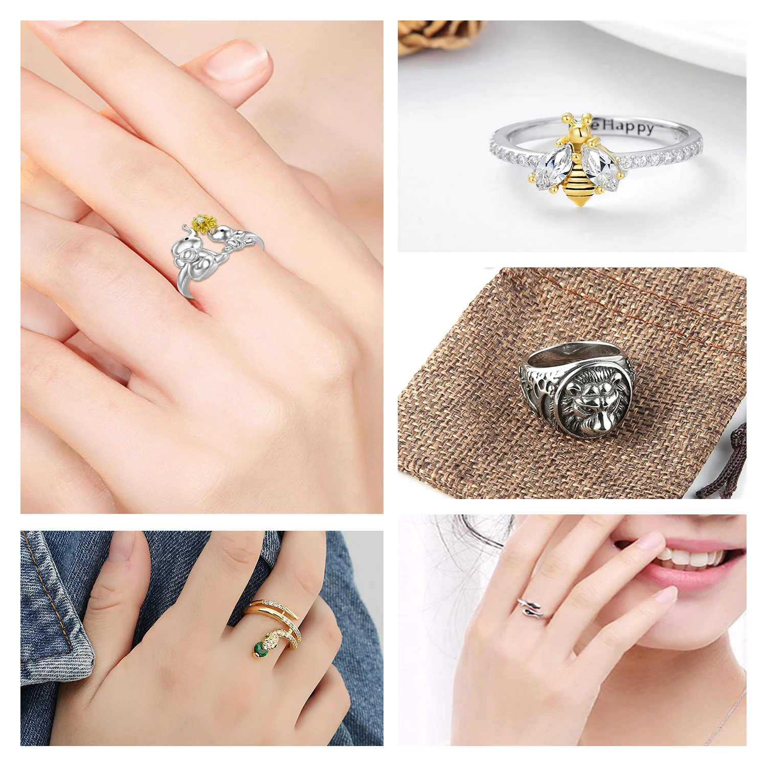 Bee Deer Antler Animal Open Bunny Tortoise Octopus Adjustable Elephant Fish 925 Sterling Silver Lion Cat Cute Snake Pigeon Ring