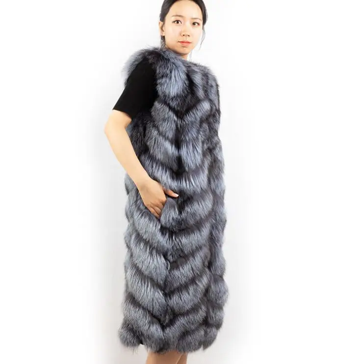 DH IATOYW 2019 Popular Women Real Fox Fur Gilet 110cm Long Wholesale Winter Silver Fox Fur Vest