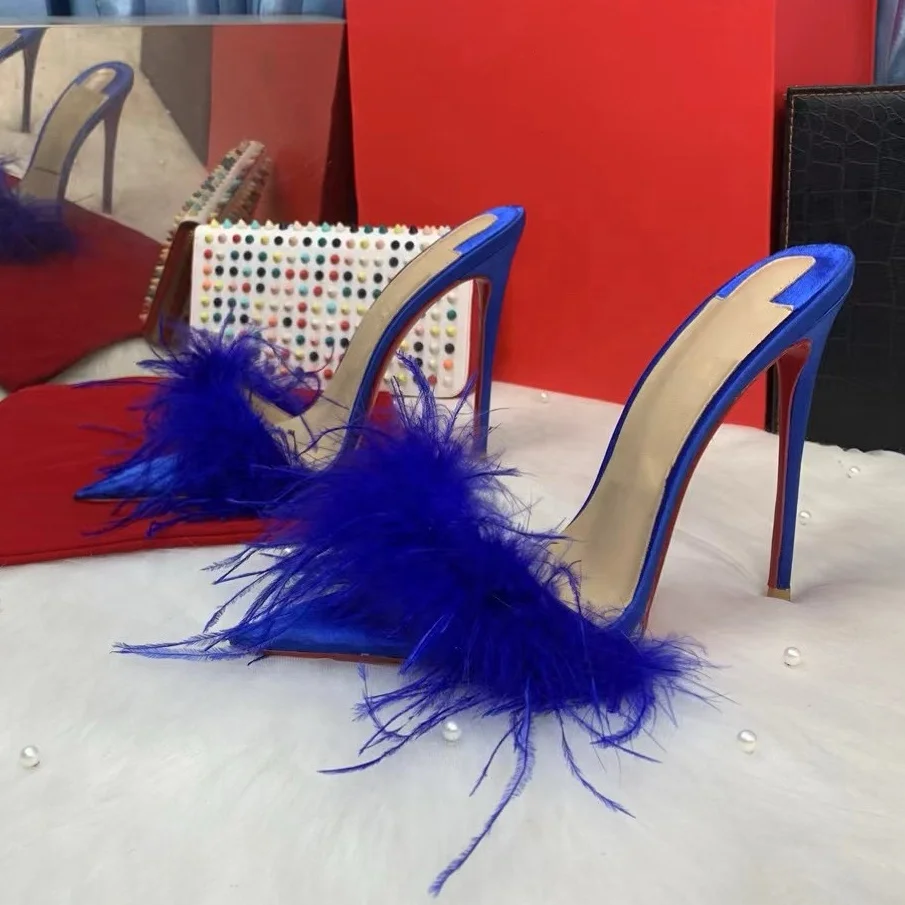 Summer Fashion Women Slippers Mules Heeled Slides Female Fancy Sandals for Dress Party Banquet Shoes with Feathers Fur