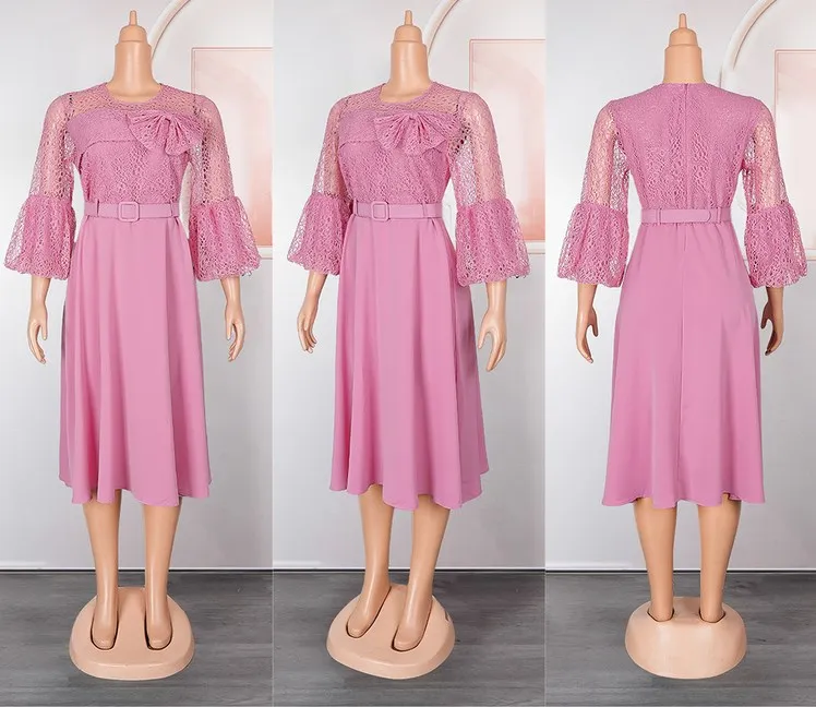 Plus Size Summer XXXL New Printed Puff Sleeves High Waist Temperament Red Long Crepe Pleated Maxi Dress With Belt