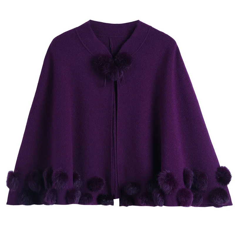 2024 Autumn and Winter New women mink fur ball cardigan cape shawls Wool ball solid color knitted cardigan cape