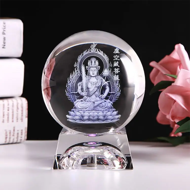 Custom Size 3d Laser Engraving Crystals Bodhisattva Decorating Christmas Clear Crystal Ball With Base