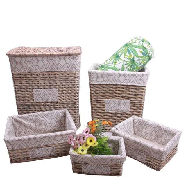 Wholesale cheaper rectangle wicker laundry basket set of 5 with lid for home