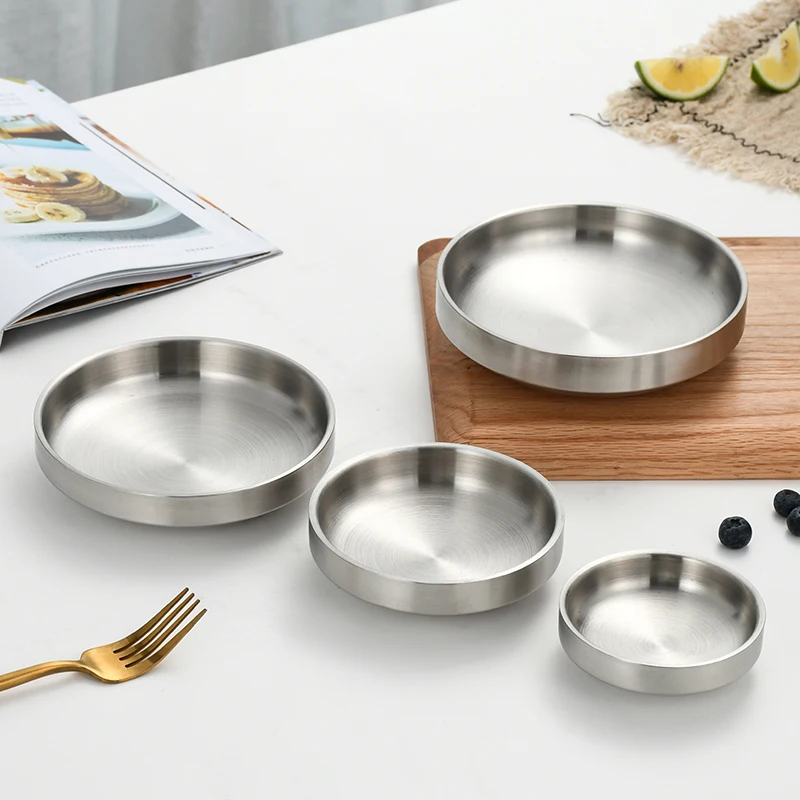 Kitchen tableware Korean kimchi Round Small Dish double layer Stainless Steel sauce seasoning round dinner bowls