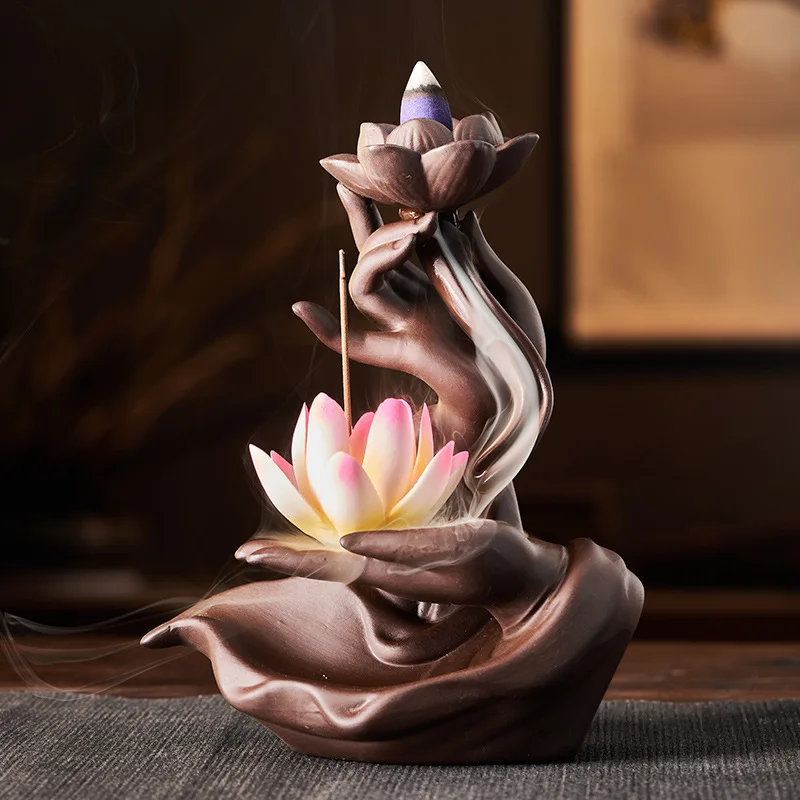 Hot sale Zen buddha hand lotus waterfall agarwood Ceramic backflow incense burner