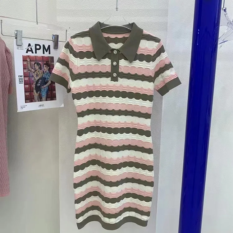 2022 Factory wholesale new summer polo neck short sleeve striped bodycon women knit dress