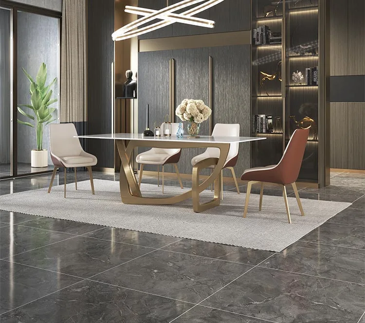 Wedding Modern Marble Gold Dining Tables Set Metal Base Rectangle Sintered Stone Dining Table New Designs Dining Room Furniture