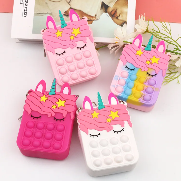 2022 hot sell unicorn poppit Toy children mini shoulder satchels Rainbow Silicone Fidget Gift Pop Handbags for Kids
