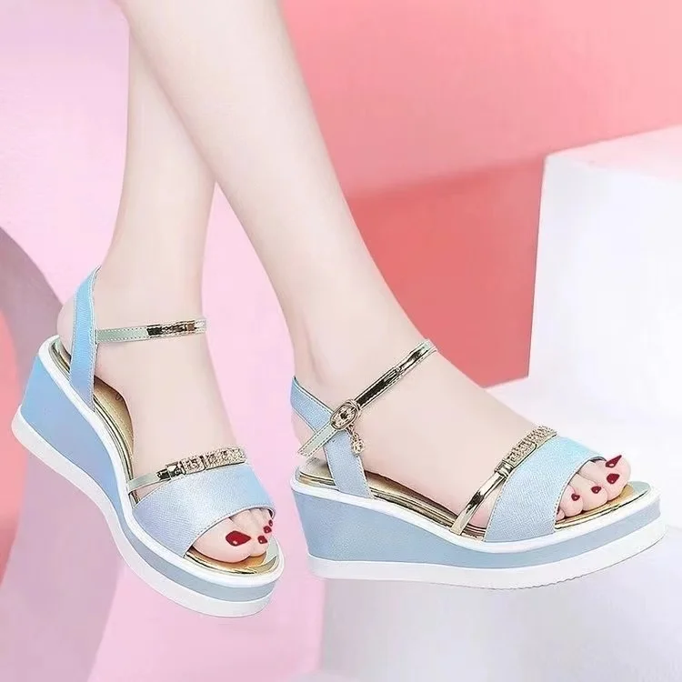 custom Casual Girls Sandals Solid Color Fish Mouth Open Toe Wedge Heel Sequins Ankle Belt Buckle Women Sandals