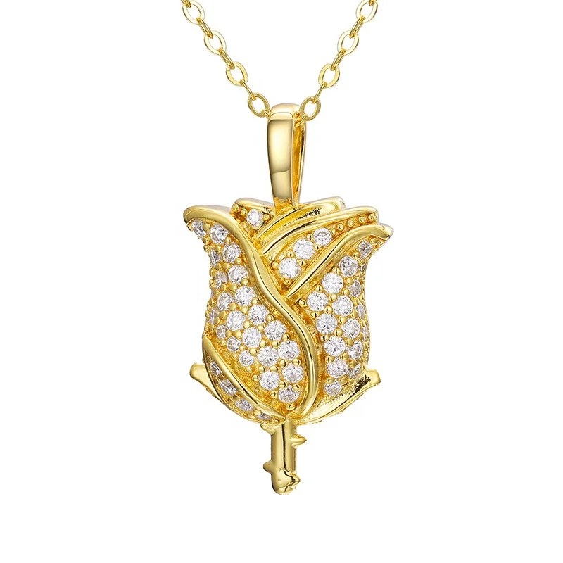 Moissanite Rose Flower Pendant For Women 925 Sterling Silver Charm Iced Out Fashion Hip Hop Necklace Chain Rock Jewelry Gifts