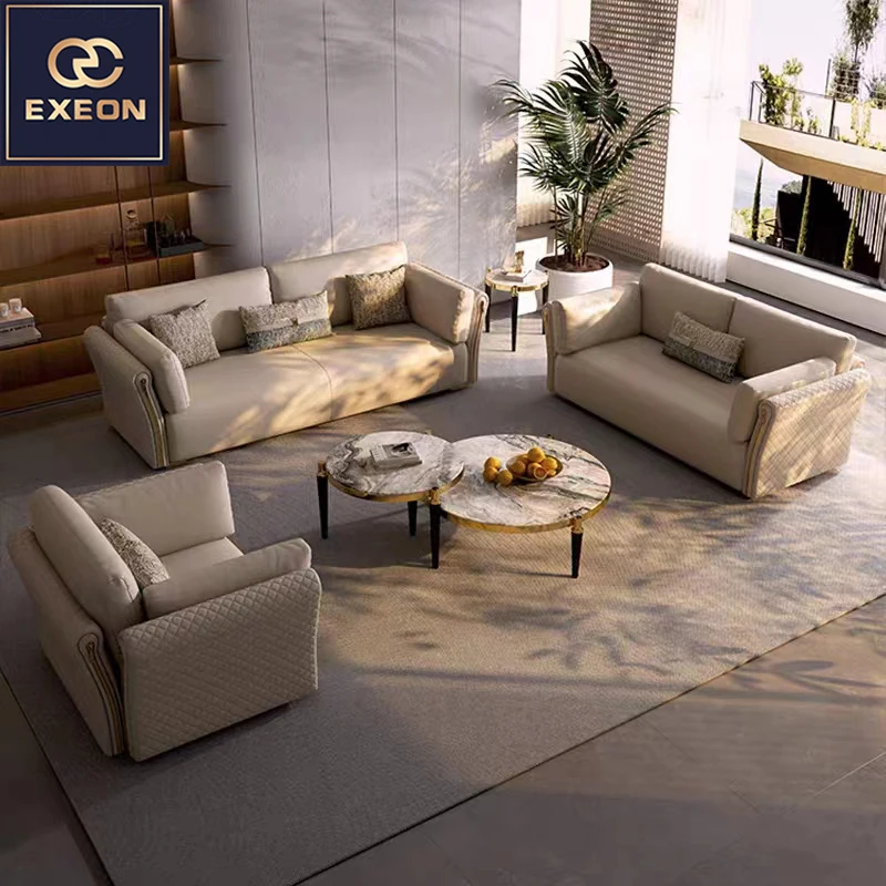 Modern Luxury Light Leather Sofa High-end Villa Design Living Room Soft Sofa