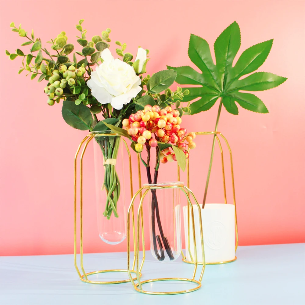 European style decorative test tube vase Desktop golden metal frame glass vase Hydroponic plants propogation station glass