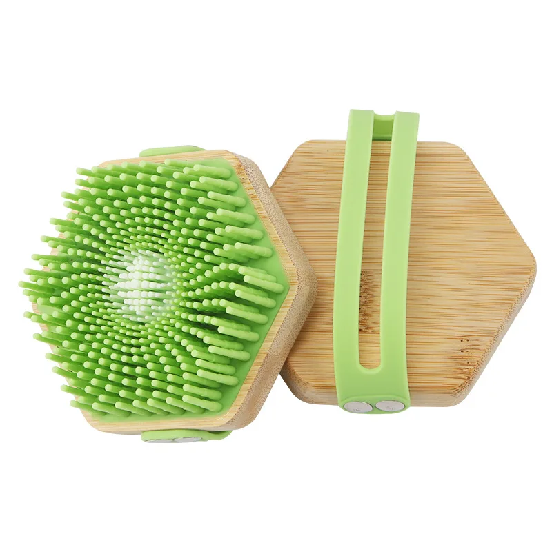 CM Hexagonal Solid wood handle brush in silicone hair bath and body Massage And Wash Hair Tool