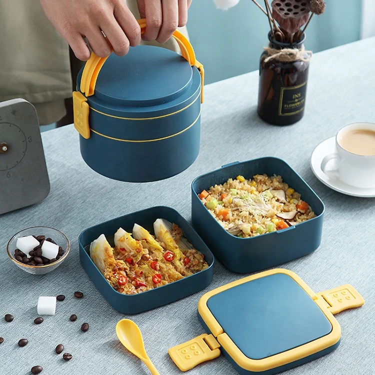 Food Containers Round 2 Layers Plastic Lunch Containers with Handle for Adults, Teens, Work, School