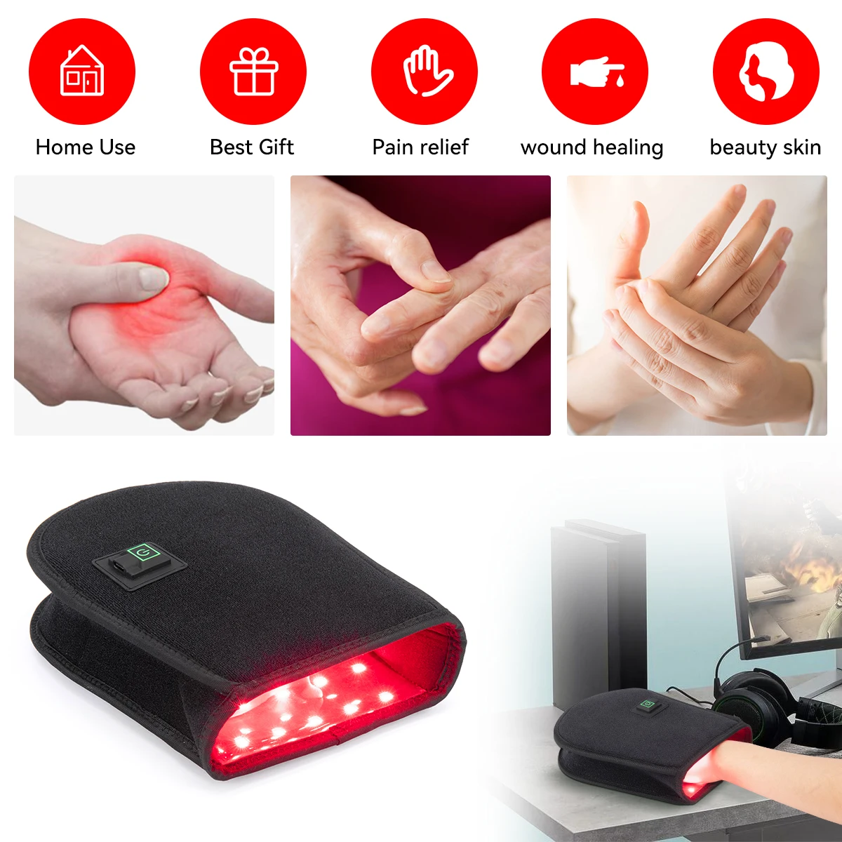 Sunsred 660nm 850nm Photon Led Light Therapy Hand Fingers Wrist Red Light Therapy glove Device