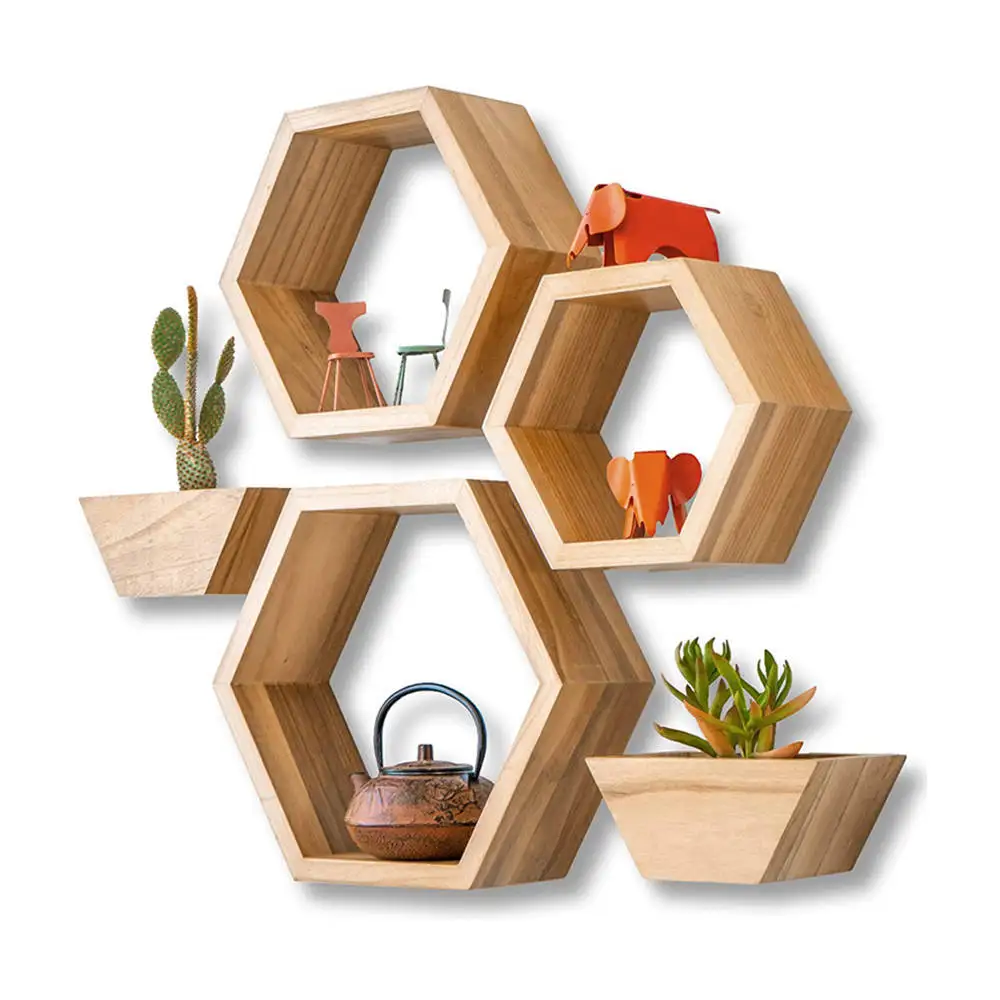 Hexagon Floating Shelves set of 4-Honeycomb Wall Shelf. Geometric Hexagon Shelves;Paulownia Solid Wood ; PIne board