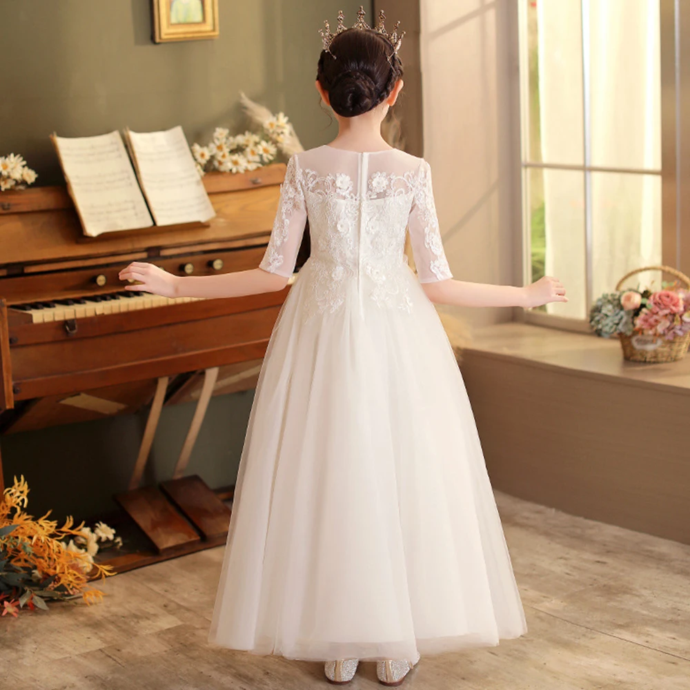 White Flower Girls Dresses With Ribbon Tulle Girls Party Dresses For Wedding