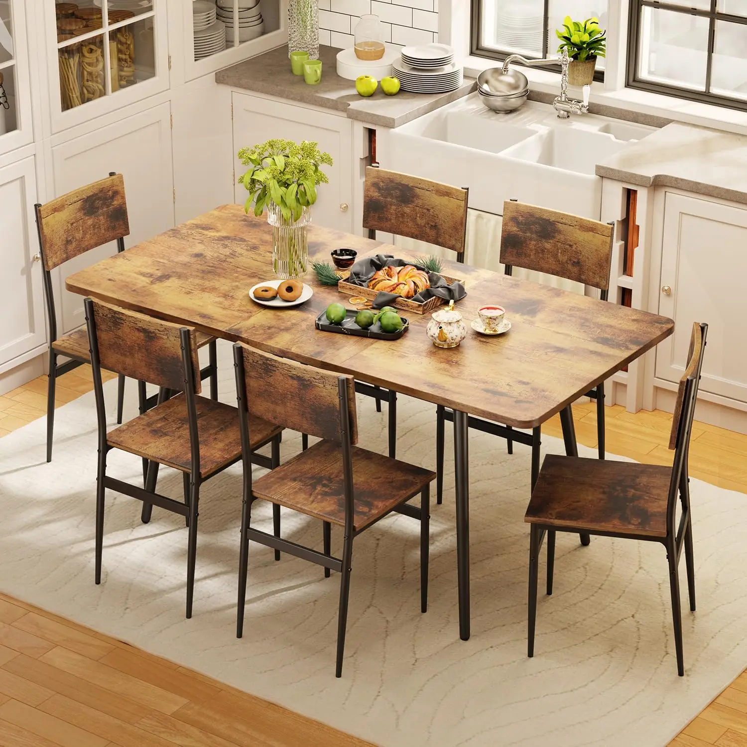 Dining Table Set for for 4-6 People Modern Dining Room 6 Chairs Wood Board Kitchen Table Set for Small Space