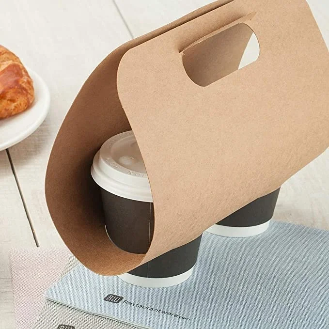 Customized take away  paper double cups carrier to go tea kraft packing disposable coffee paper cup holder