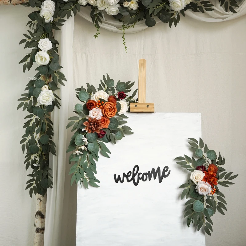 Artificial Wedding Welcome Flowers Swag for Wedding Ceremony Sign Floral Decoration Rustic welcome Sign Flower