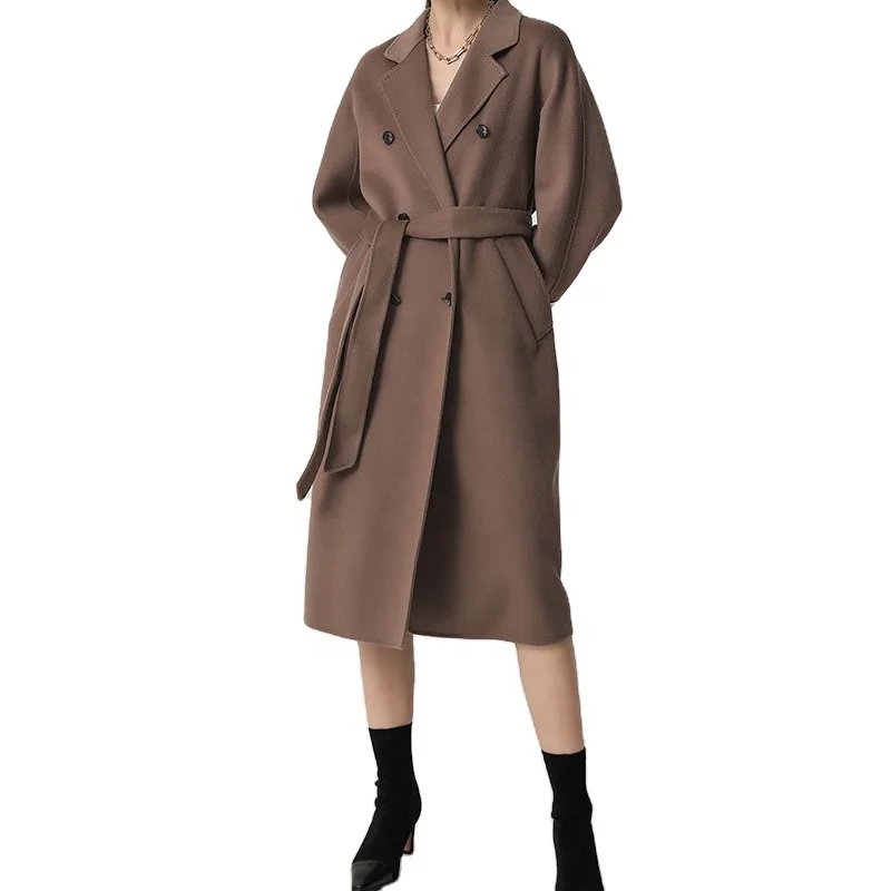 Custom wholesale winter high quality elegant solid color office style 100% wool coat hand made cashmere long coat for women