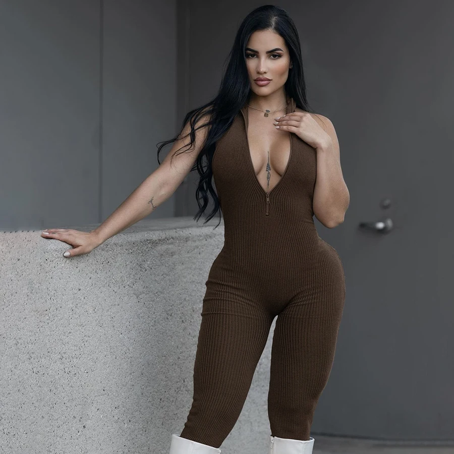 40867 Hot Sale Jumpsuit Workout Sleeveless V-Part Solid Color Backless Jumpsuits Women