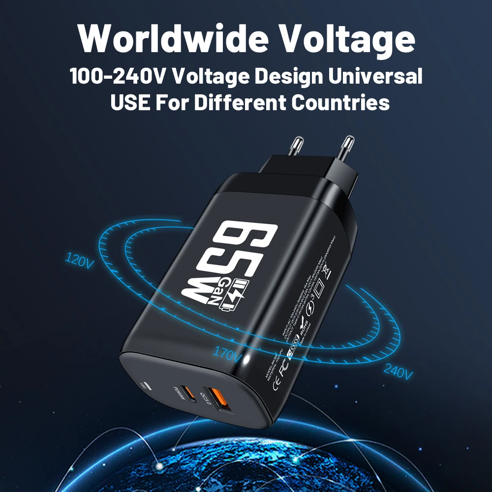 Gan 65w Usb C Charger Pd Type C +usb Dual Port Wall Charger For Iphone 16 15 14 13 Xiaomi Samsung for Macbook Phone Charging