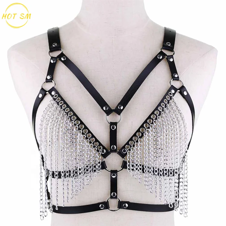 
Women Goth Leather Body Harness Chain Bra Top Chest Waist Belt Punk Caged Waist Belt with O Ring for Rave Party Festival Club 