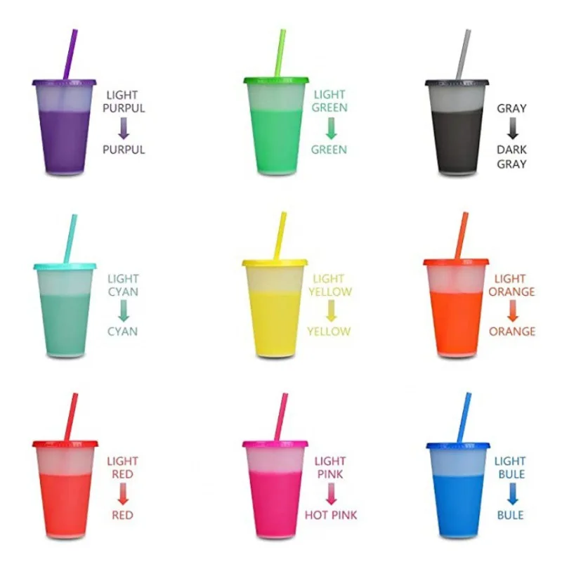 24oz 710ml 10 Pcs Colored Set Reusable Plastic Coffee Cup Set Magic Mug Cold Water Color Changing Cup with Lid and Straw