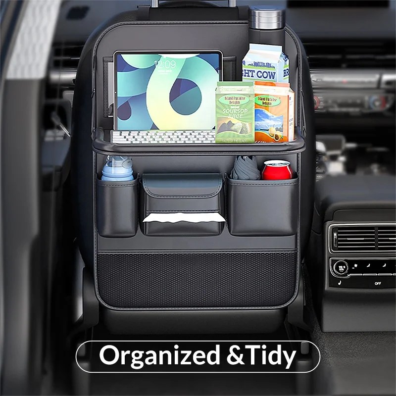 Anjuny PU Leather Multi Pocket Large Capacity Car Back Seat Storage Bag Car Organizer With Foldable Table Tray